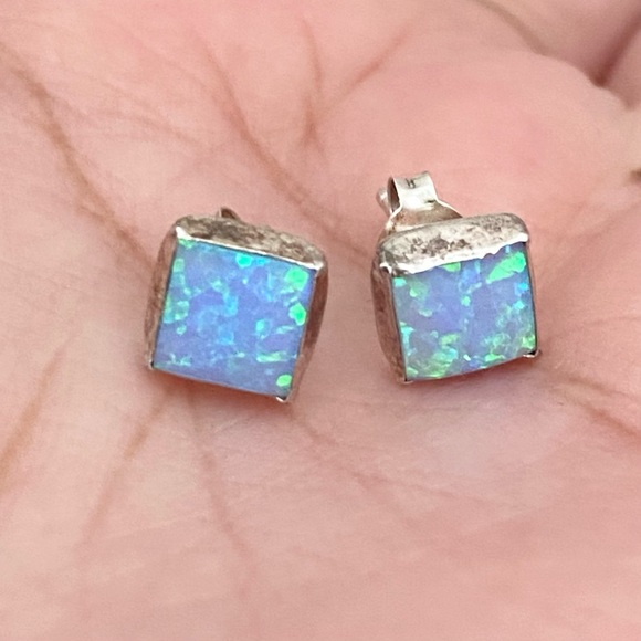 925 Sterling Silver Blue Opal Square Small Stud Earrings - Picture 6 of 11